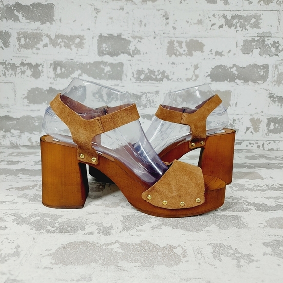 New Steve Madden Alabama Platform Suede Brown Strap Wooden Studded Sandals F655 - Picture 3 of 11